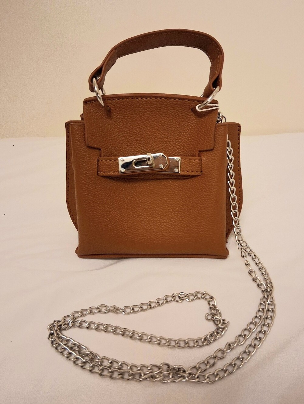 BROWN MINI TOP-HANDLE CROSSBODY BAG WITH SILVER CHAIN